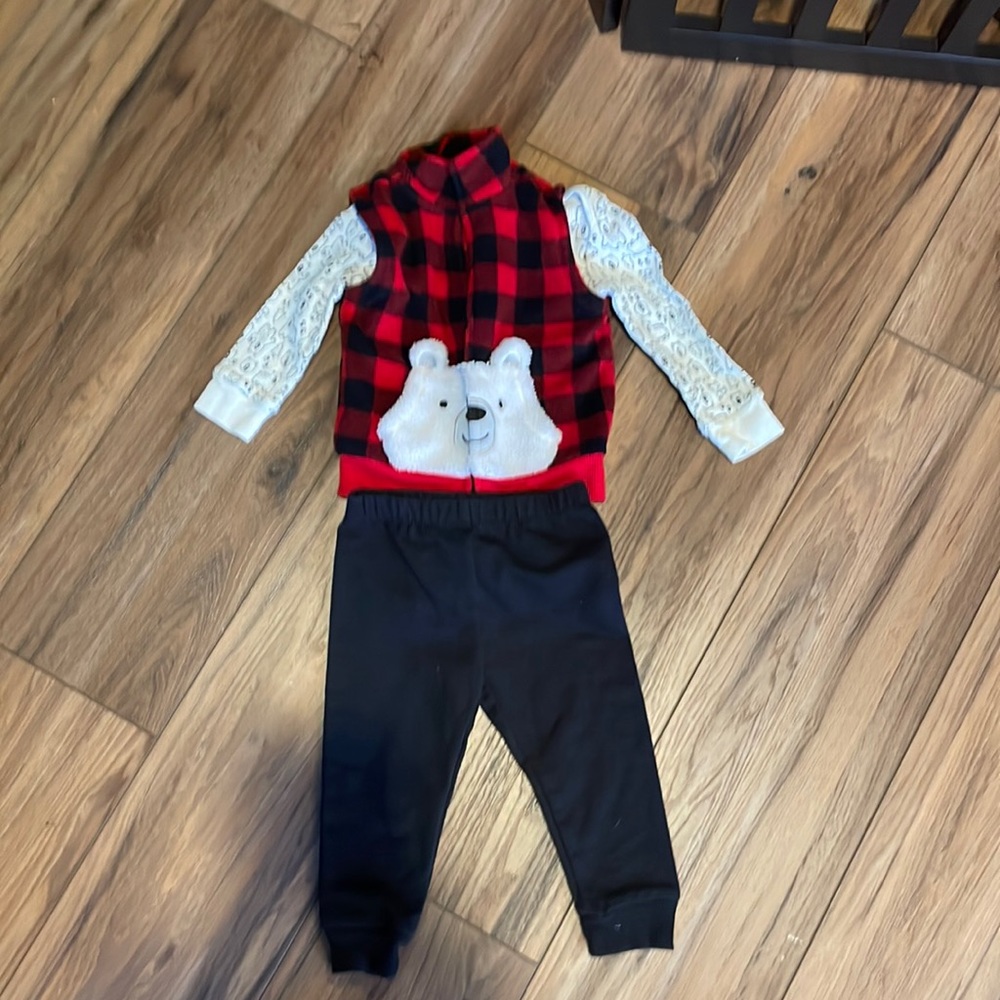 Baby favorites 3 piece set. Bear onsie and plaid vest 12 months